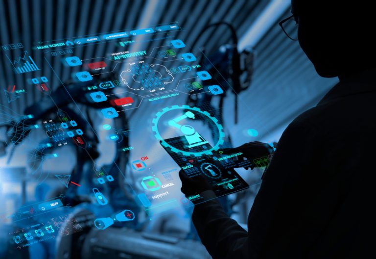 Factory Female Industrial Engineer Working With Automation Robot Arms Machine
