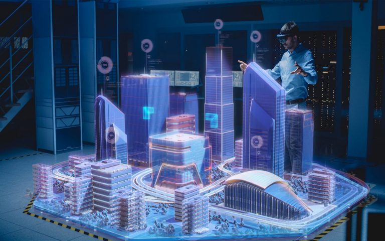 Industry 4.0 Modern Professional Architect Wearing Virtual Reality Headset Uses