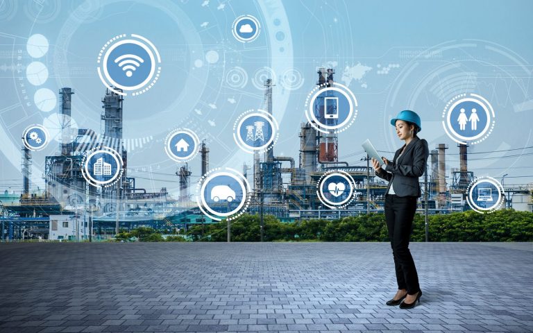 Young Engineer And Smart Factory Concept Internet Of Things Sensor